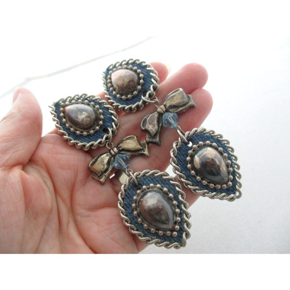 Vintage Sins Signed Art to Wear Silver Heart Blue Bow Long Dangle Clip Earrings